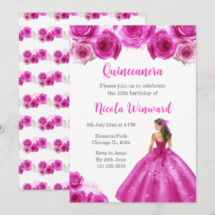 Floral Princess in Hot Pink Dress Quinceanera Invitation
