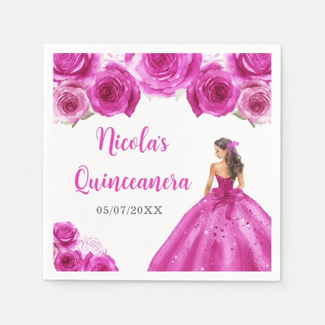 Floral Princess in Hot Pink Dress Quinceanera Napkin (Front)