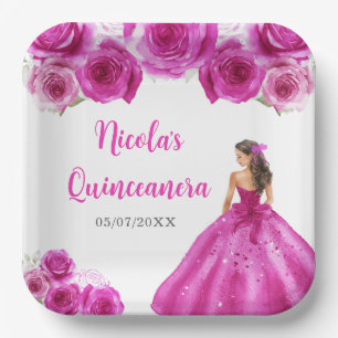 Floral Princess in Hot Pink Dress Quinceanera Paper Plate