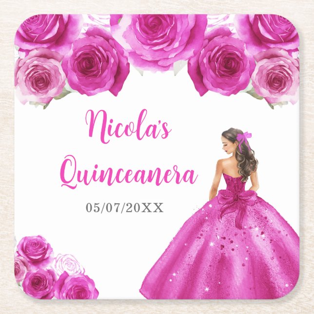 Floral Princess in Hot Pink Dress Quinceanera Square Paper Coaster (Front)