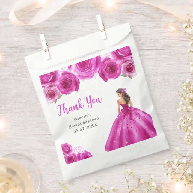 Floral Princess in Hot Pink Dress Sweet Sixteen Favour Bags (Clipped)