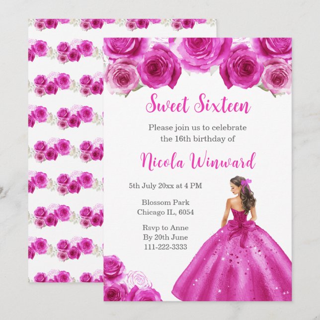 Floral Princess in Hot Pink Dress Sweet Sixteen Invitation (Front/Back)