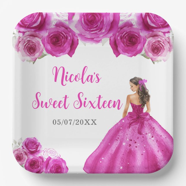 Floral Princess in Hot Pink Dress Sweet Sixteen Paper Plate (Front)