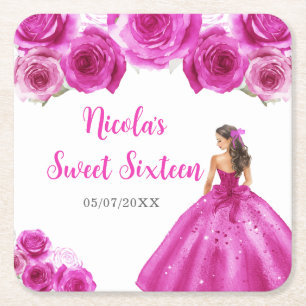 Floral Princess in Hot Pink Dress Sweet Sixteen Square Paper Coaster