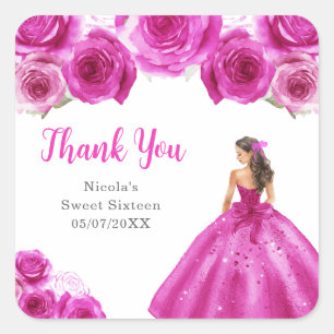 Floral Princess in Hot Pink Dress Sweet Sixteen Square Sticker