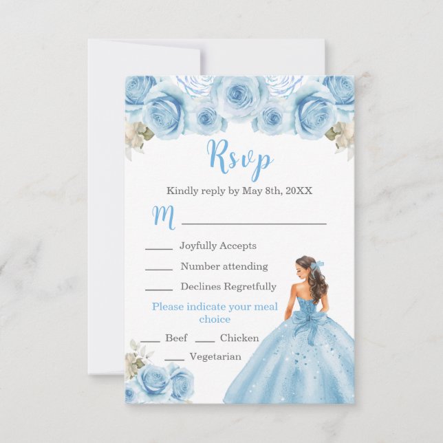 Floral Princess in Light Blue Dress Meal Choice RSVP Card (Front)
