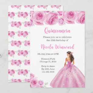 Floral Princess in Light Pink Dress Quinceanera Invitation