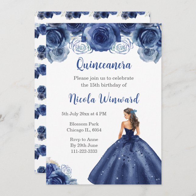 Floral Princess in Navy Blue Dress Quinceanera Invitation (Front/Back)