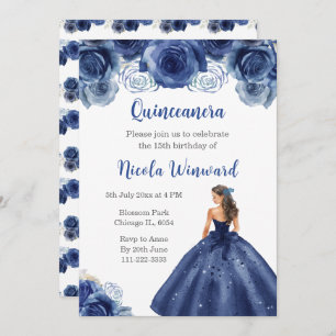 Floral Princess in Navy Blue Dress Quinceanera Invitation