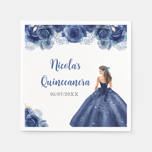 Floral Princess in Navy Blue Dress Quinceanera  Napkin (Front)
