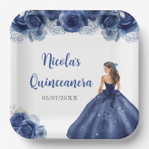 Floral Princess in Navy Blue Dress Quinceanera Paper Plate