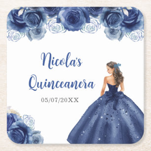 Floral Princess in Navy Blue Dress Quinceanera Square Paper Coaster