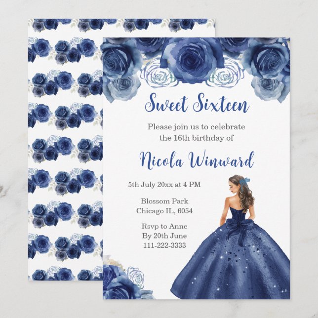 Floral Princess in Navy Blue Dress Sweet Sixteen Invitation (Front/Back)