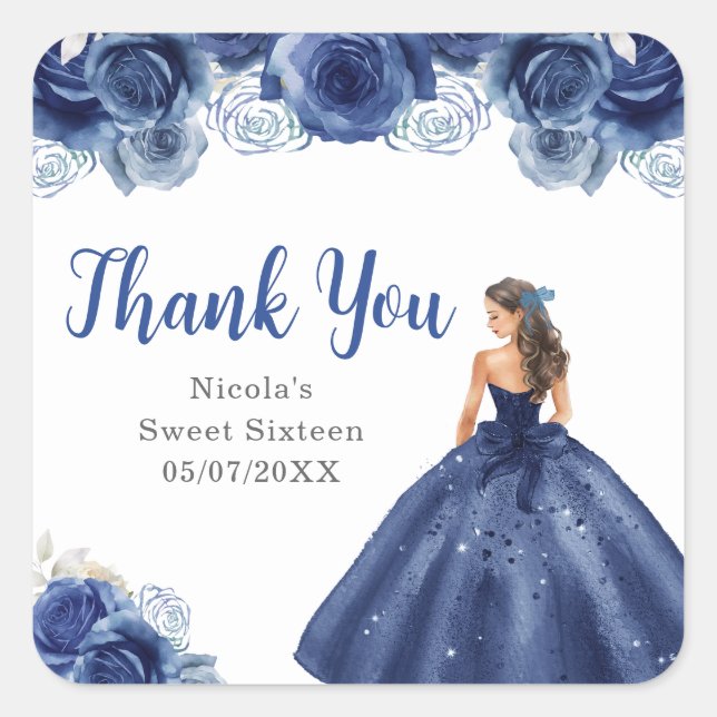 Floral Princess in Navy Blue Dress Sweet Sixteen Square Sticker (Front)