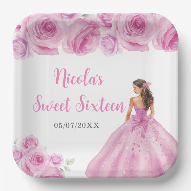 Floral Princess in Pink Dress Sweet Sixteen  Paper Plate (Front)