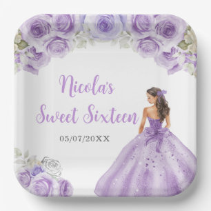 Floral Princess in Purple Dress Sweet Sixteen  Paper Plate