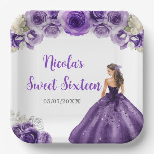 Floral Princess in Purple Dress Sweet Sixteen  Paper Plate