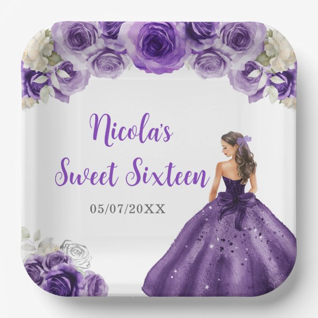 Floral Princess in Purple Dress Sweet Sixteen  Paper Plate (Front)