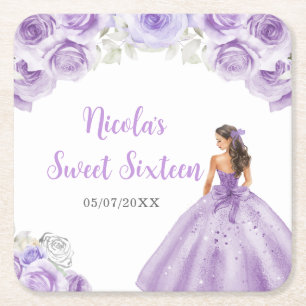 Floral Princess in Purple Dress Sweet Sixteen Square Paper Coaster
