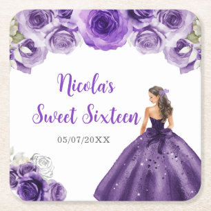 Floral Princess in Purple Dress Sweet Sixteen Square Paper Coaster