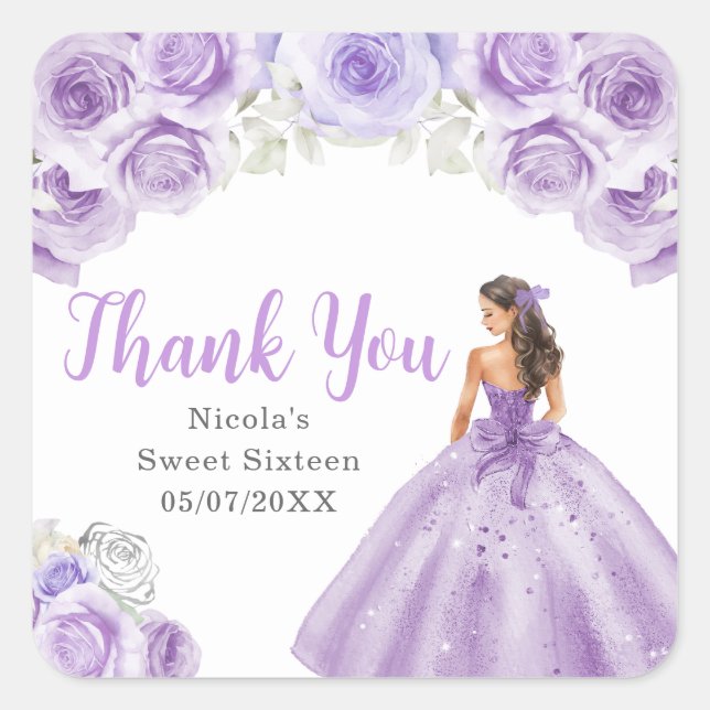 Floral Princess in Purple Dress Sweet Sixteen Square Sticker (Front)