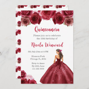 Floral Princess in Red Dress Quinceanera Invitation