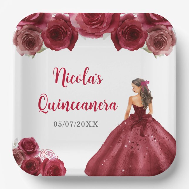 Floral Princess in Red Dress Quinceanera Paper Plate (Front)
