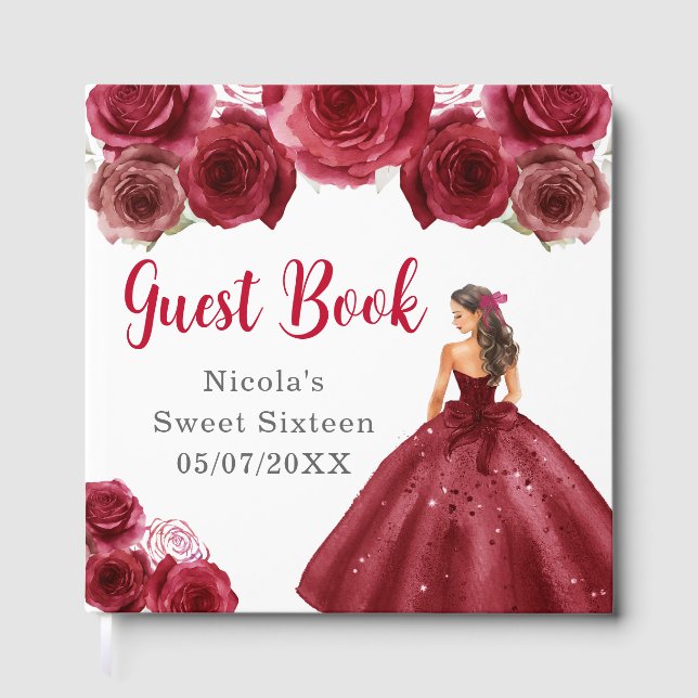 Floral Princess in Red Dress Sweet Sixteen Guest Book (Front)