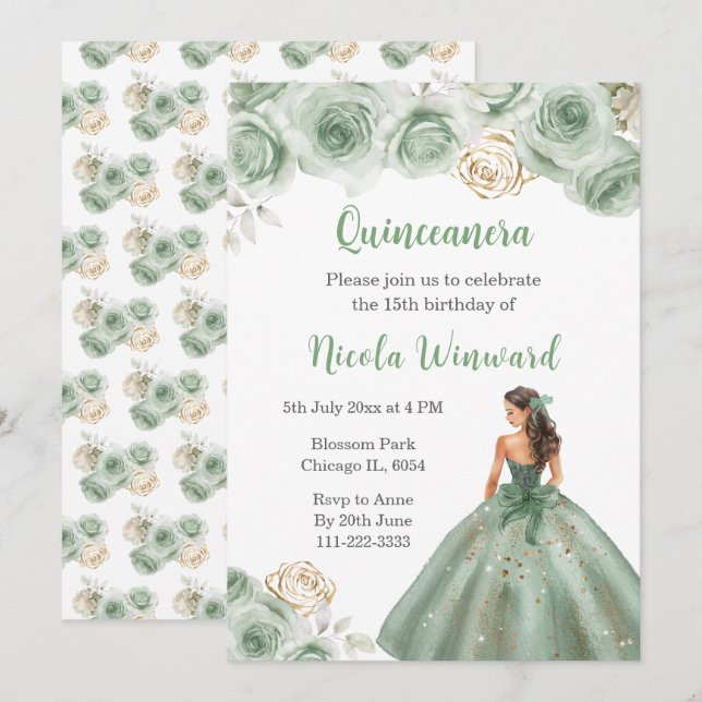 Floral Princess in Sage Green Dress Quinceanera Invitation (Front/Back)