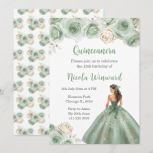 Floral Princess in Sage Green Dress Quinceanera Invitation