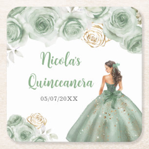 Floral Princess in Sage Green Dress Quinceanera  Square Paper Coaster