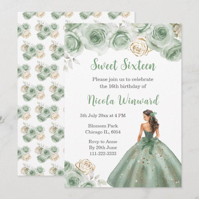 Floral Princess in Sage Green Dress Sweet Sixteen Invitation (Front/Back)