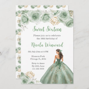 Floral Princess in Sage Green Dress Sweet Sixteen Invitation