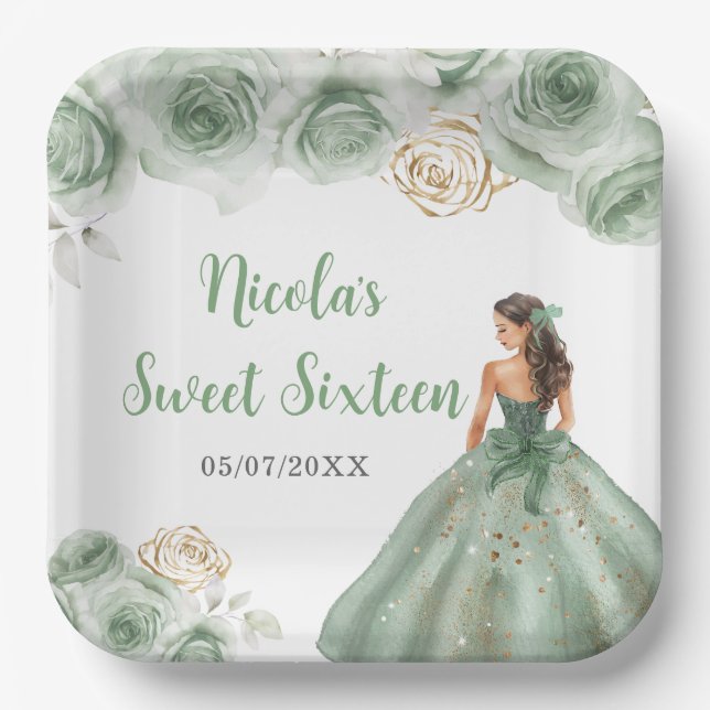 Floral Princess in Sage Green Dress Sweet Sixteen  Paper Plate (Front)