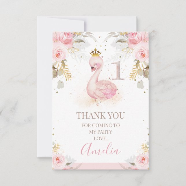 Floral Princess Swan 1st Birthday Thank You Card (Front)