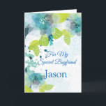 Floral Print Custom Name Birthday Card-Boyfriend C Card<br><div class="desc">Imagine this fresh floral watercolor-look printed birthday card being opened by your special boyfriend with his custom name on it. Hues of Blues & Greens on a crisp White background. Greeting printed inside. Customise her name by choosing menu at right, click on the sample name and change the text to...</div>
