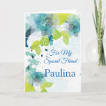 Floral Print Custom Name Birthday Card-Friend Card<br><div class="desc">Imagine this fresh floral watercolor-look printed birthday card being opened by your special Friend with her custom name on it. Hues of Blues & Greens on a crisp White background. Greeting printed inside wishing recipient a happy birthday .  
Customise further and change the sample name to what you need.</div>