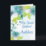 Floral Print Custom Name Birthday Card-Girlfriend  Card<br><div class="desc">Imagine this fresh floral watercolor-look printed birthday card being opened by your special girlfriend with her custom name on it. Hues of Blues & Greens on a crisp White background. Greeting printed inside. Customise her name by choosing menu at right, click on the sample name and change the text to...</div>