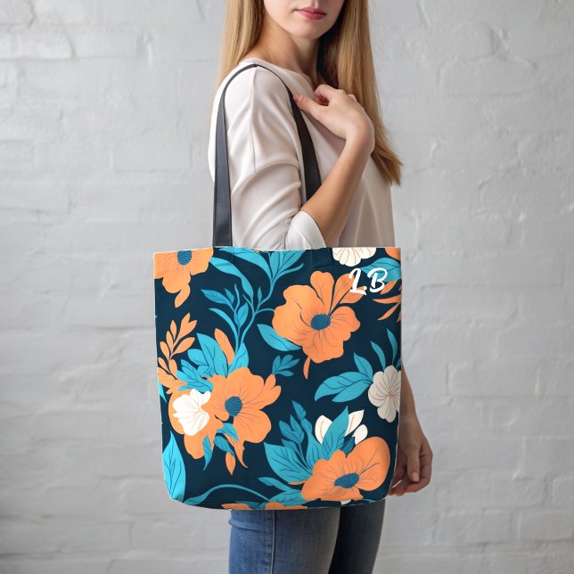 Floral print pattern tote with custom initials bag (Creator Uploaded)
