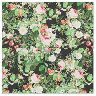 Floral Print Rose Pink & White Flowers On Black Fabric