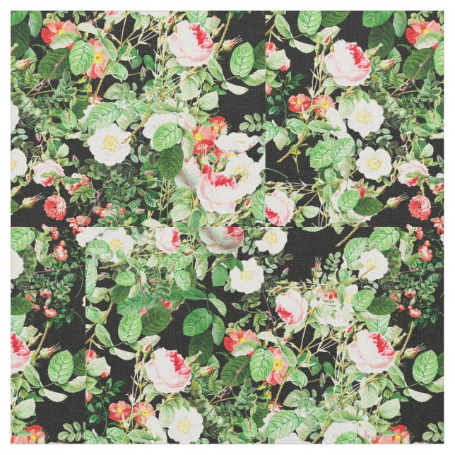 Floral Print Rose Pink & White Flowers On Black Fabric (Close Up)