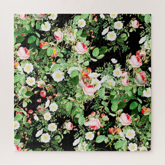 Floral Print Rose Pink & White Flowers On Black Jigsaw Puzzle (Vertical)