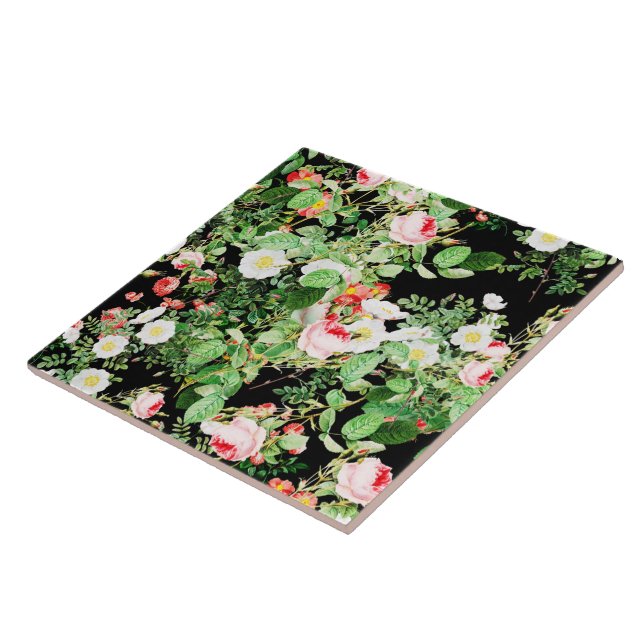 Floral Print Rose Pink & White Flowers On Black Tile (Side)