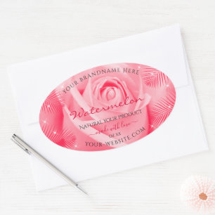 Floral Product Label Pink Rose and Red Palm Leaves