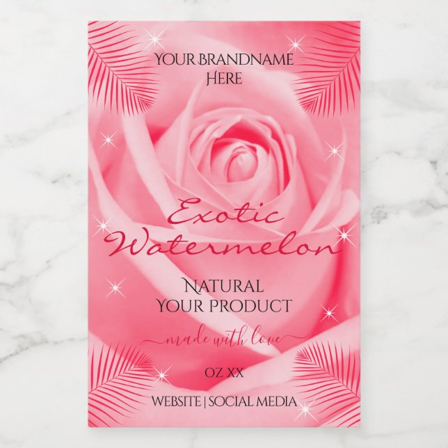 Floral Product Label Pink Rose and Red Palm Leaves (Single Label)