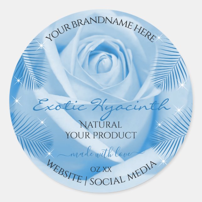 Floral Product Labels Blue Rose with Palm Leaves (Front)