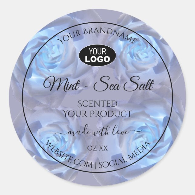 Floral Product Labels Light Blue Roses with Logo (Front)