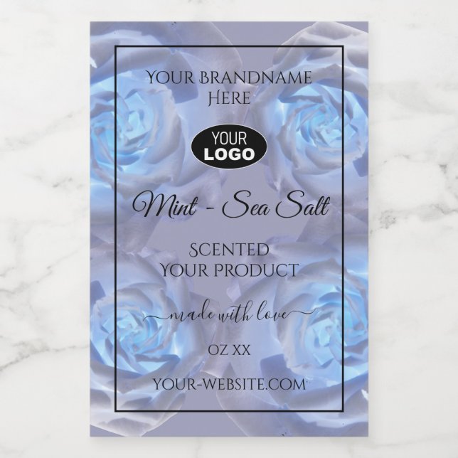 Floral Product Labels Light Blue Roses with Logo (Single Label)