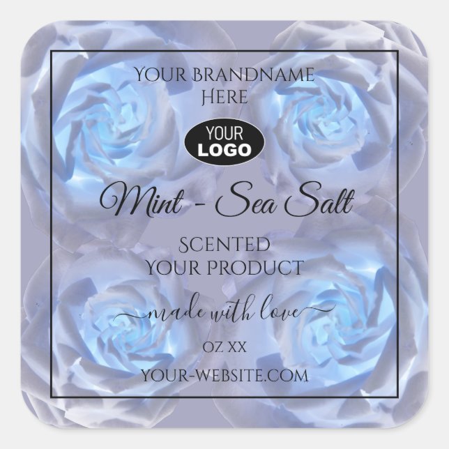 Floral Product Labels Light Blue Roses with Logo (Front)
