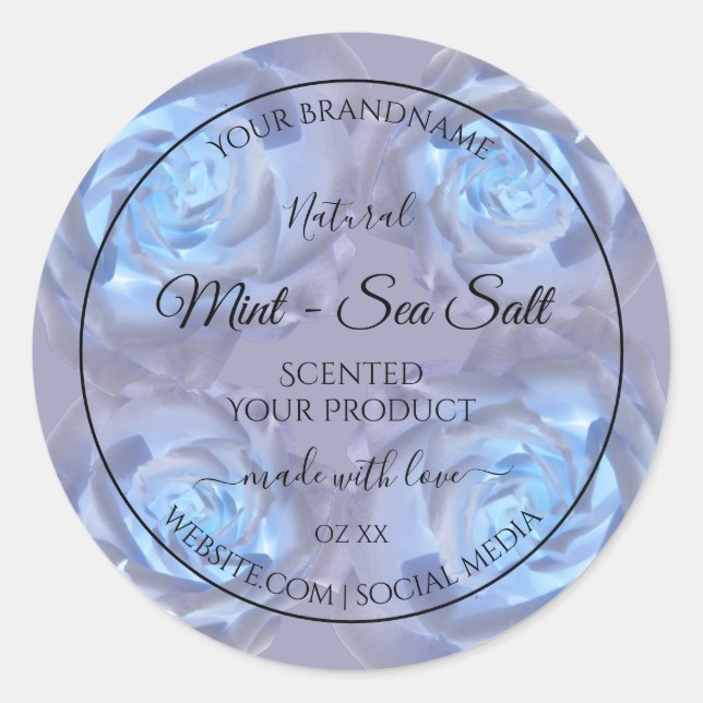 Floral Product Labels Luminous Light Blue Roses (Front)